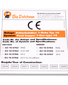 Typenschild D/GB: Futterbehälter 1-Bahn Typ16